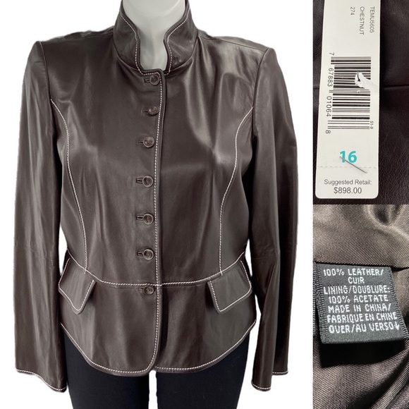 Ellen Tracy leather jacket chestnut brown size 16 retail $898 tags - Picture 10 of 12